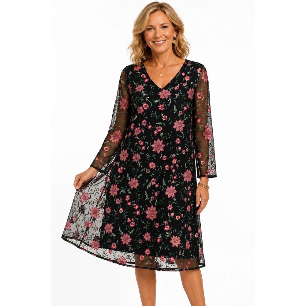 Chicos Floral Embroidered Mesh Dress Black‎ Size 1 US 8 NWT Retail $159
